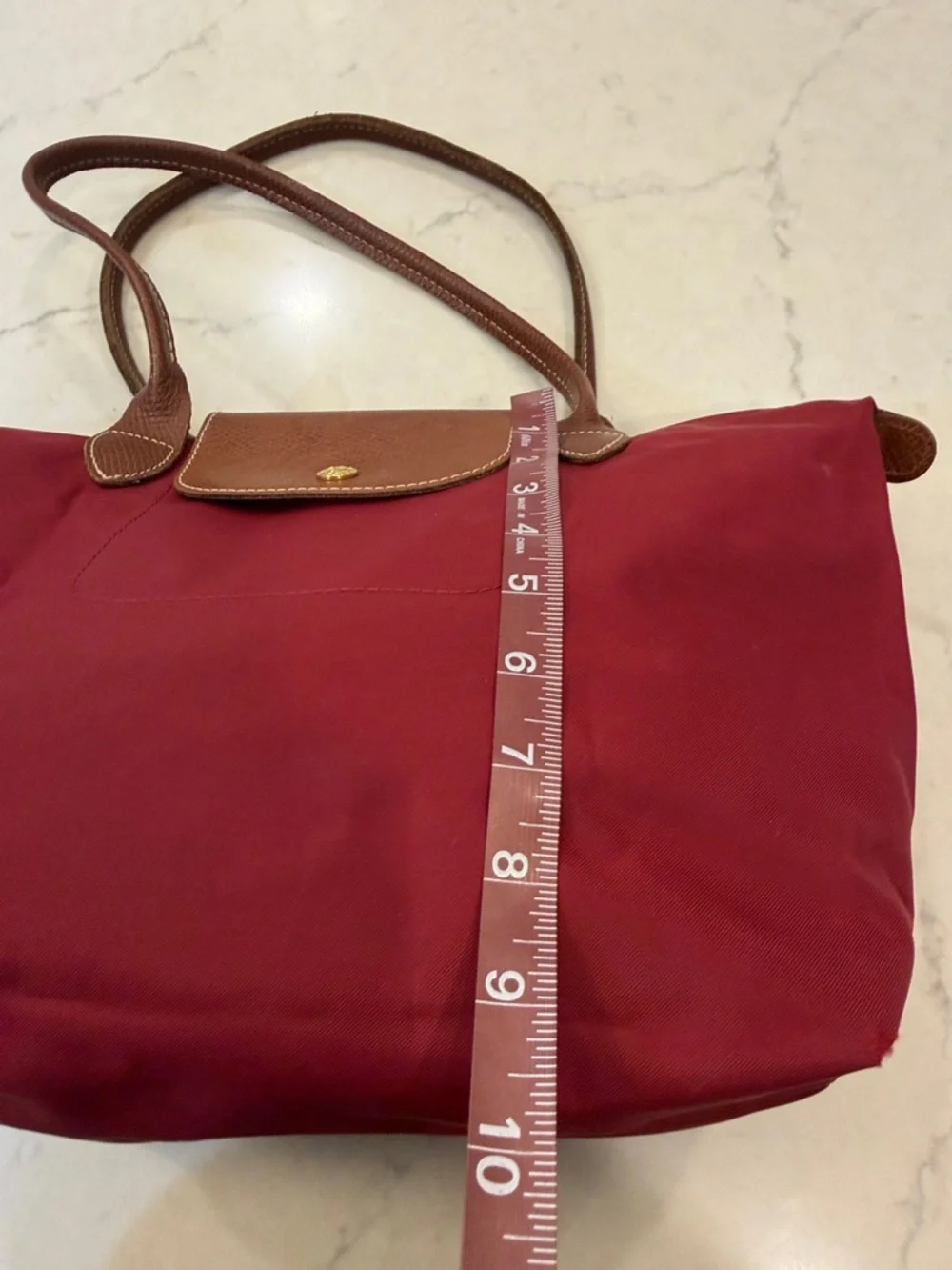 Longchamp Red Nylon Tote with Brown Leather Trim - Picture 7 of 14